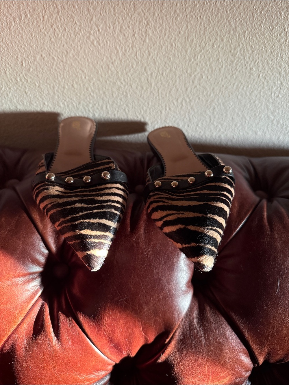 RED Valentino Pointed Zebra-Print Mule Slides in Black and Tan